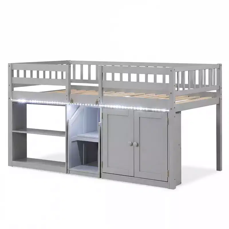 Costway Low Loft Bed with LED Light, Stairs & Guardrails, Modern Wood Kids Twin Bed White/Mint Green/Gray