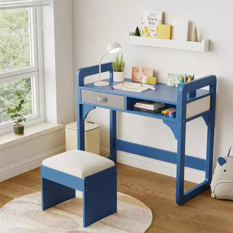 Wooden Study Desk and Chair Set with Cloth Drawers and Pen Holder