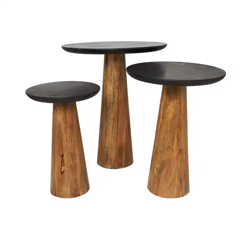 Olivia & May Mango Wood Handmade Cone Shaped Accent Table with Black Tabletops Set of 3 Brown: Modern Round Pedestal Table