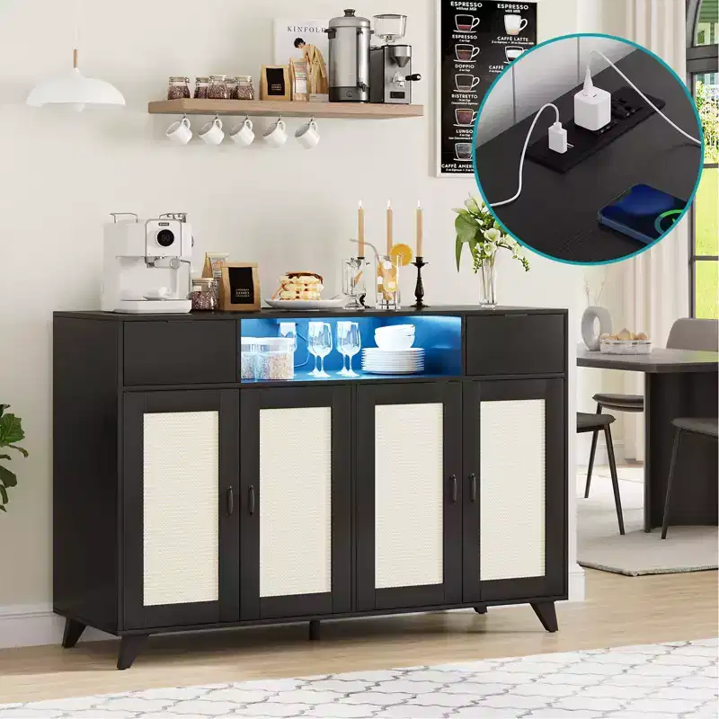 2-Drawer Rattan Cabinet with Storage, Boho Sideboard Buffet with Wood Frame for Living Room Dining Room Hallway