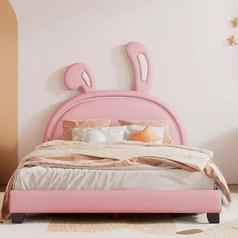 Pink Full Size Kids Platform Bed with Ears Headboard, 1-Person