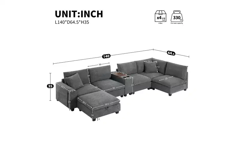 Modern Chenille 4-seat Sectional Sofa with Ottoman, L-Shaped Cloud Couch Set with Throw Pillows