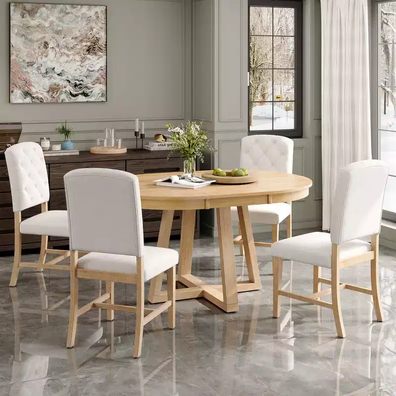 Whisen Retro Style 5-Piece Extendable Dining Set with 4-Botton Tufted Upholstered Chairs