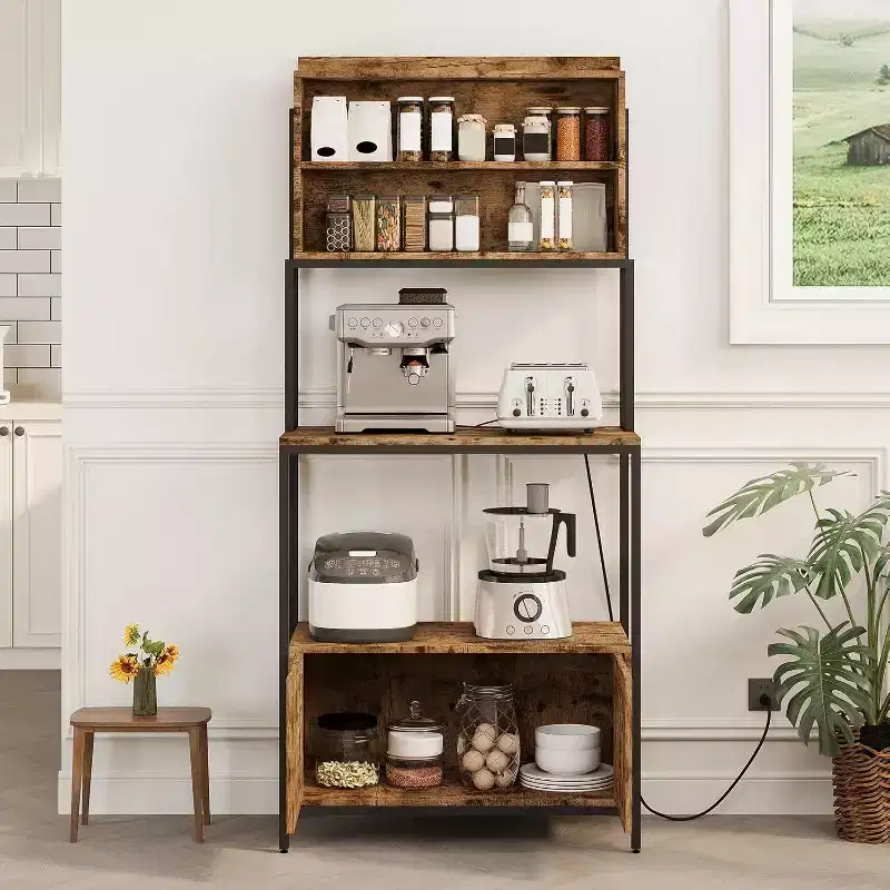 Rustic Industrial Kitchen Cart with Wood Shelves and Storage Cabinet, Multifunctional Appliance Organizer for Small Spaces