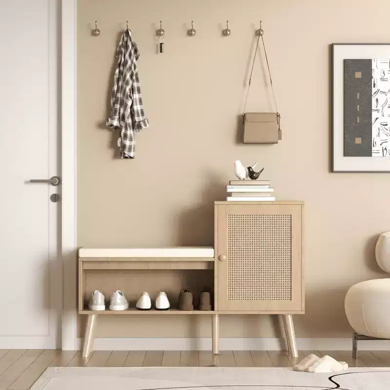 MAYEERTY 2 in 1 Shoe Storage Cabinet Natural Rattan with 2 Adjustable Shelves and Removable Seat Cushion Modern Entryway Bench for Hallway