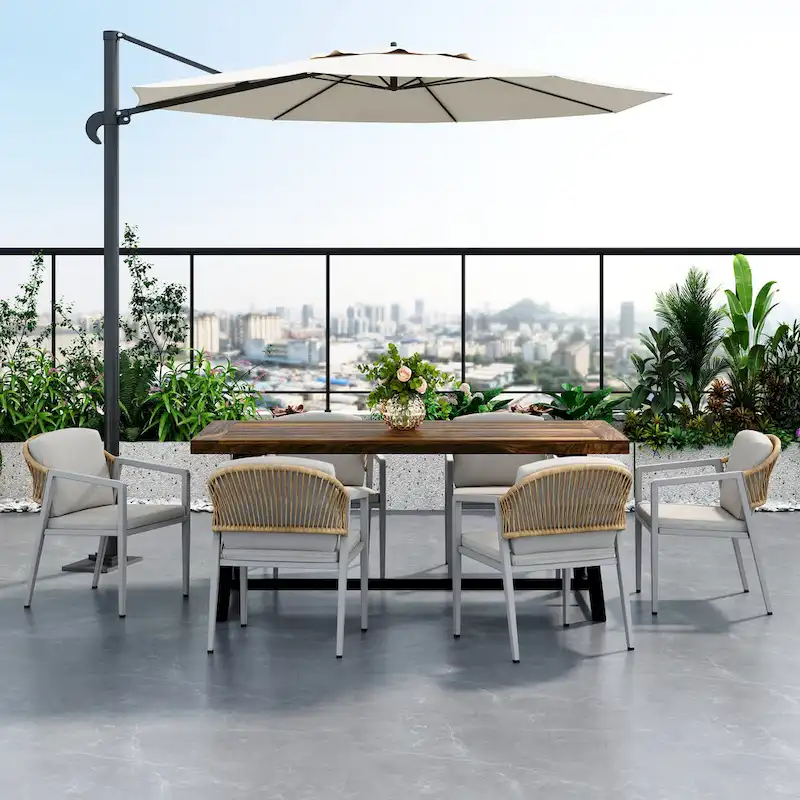 7 Piece Outdoor Patio Dining Table Set Acacia Wood Rectangular Dining Table with 6 Removable Cushions Arm Chairs
