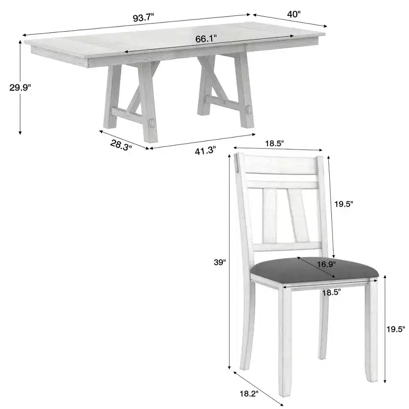 VECELO Rustic 6-Piece Extendable Dining Table Set, Rubber Wood Table with 4 Armless Upholstered Dining Chairs and Bench for Kitchen, Gray