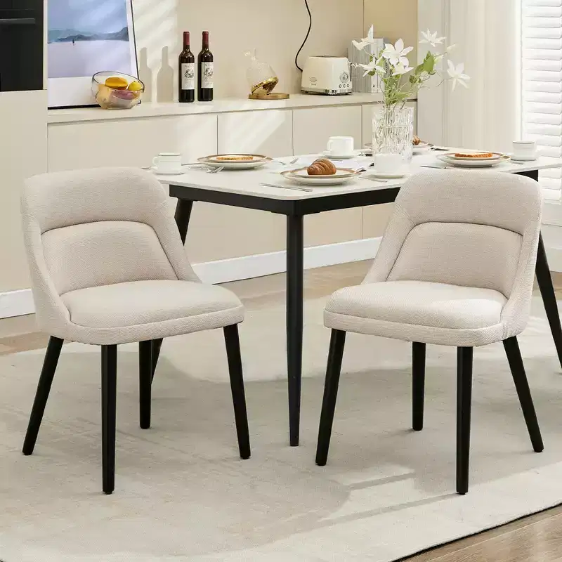 Set of 2 Upholstered Dining Chairs, Linen Fabric Accent Chairs with Wooden Legs, Modern Kitchen Chairs for Dining Room, Living Room, Caf