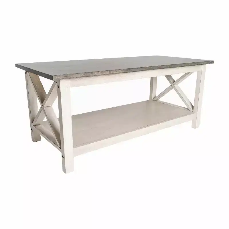 Solid Wood Farmhouse Style Coffee Table with Storage Shelf