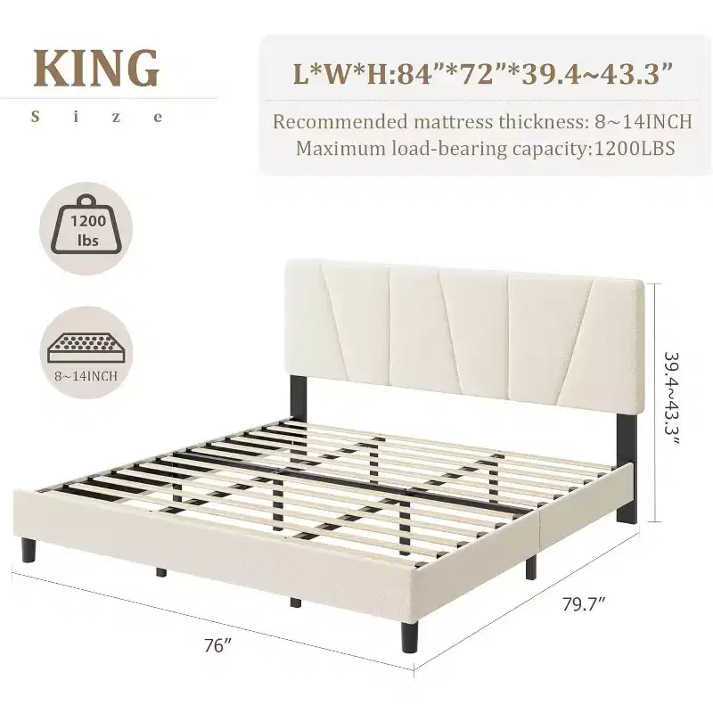 DobleePy King Size Beige Geometric Pattern Upholstered Platform Bed Frame, Adjustable Headboard, Wooden Slats Support, No Box Spring Needed