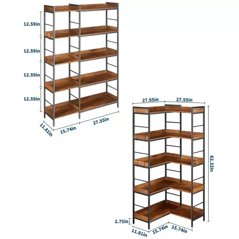 65 Reversible Corner Bookshelf  5-Tier L-Shape Industrial Bookcase with 4 Hooks, Metal Frame & Open Shelves - Brown