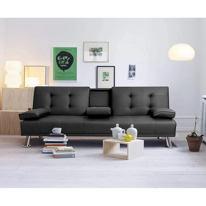 Furniwell Modern Faux Leather Futon with Cup Holders & Pillows, 65