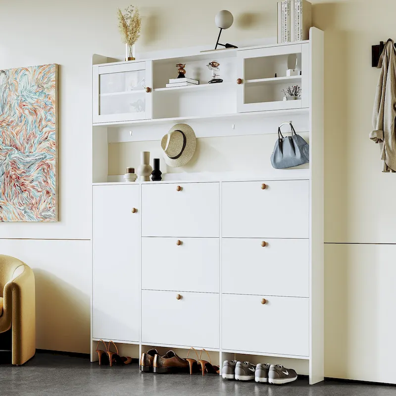 Multifunctional Tipping Bucket Shoe Cabinet with Storage Shelf & 6 Flip Drawers, Large Hall Tree with Tempered Glass Doors