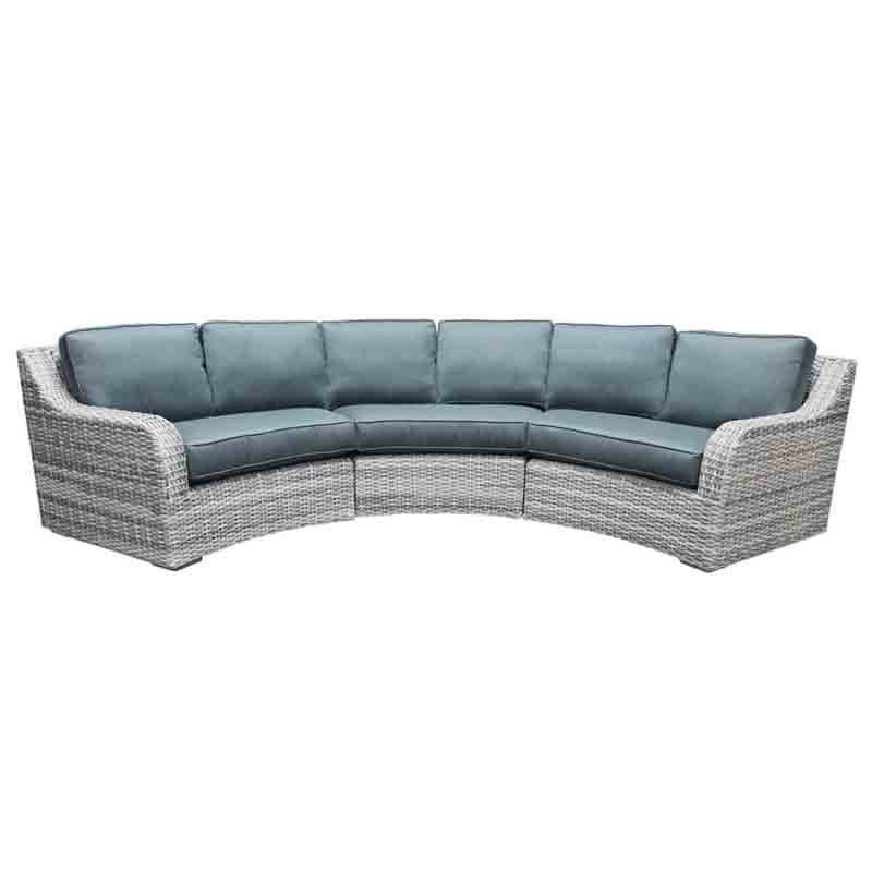 Outdoor Wicker Curved Patio Sofa with Blue Cushions and Pillows ICE Gray