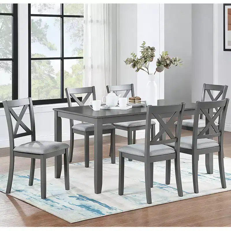 GDFStudio Loren Modern 7-Piece Solid Wood Upholstered Dining Table and Chairs Set