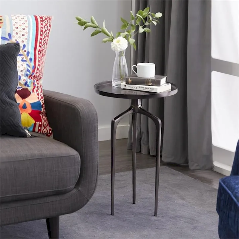 Round Aluminum Accent End Table with Tripod Base and Raised Edges – Black, 1-Unit