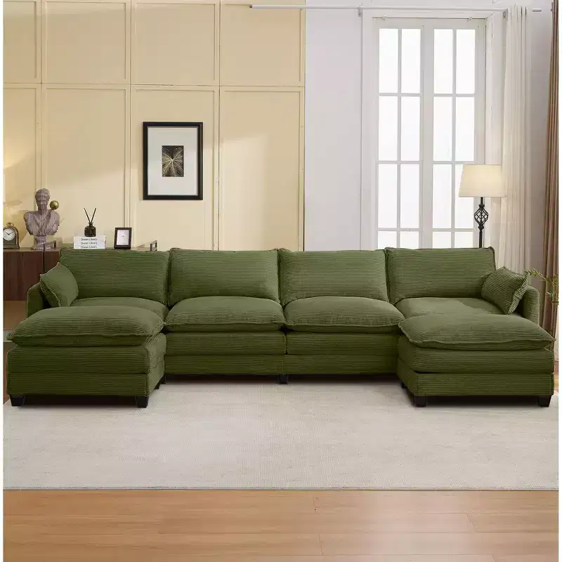 Hyleory Corduroy U-Shaped Sectional Sofa, 4-Seater Couch with 2 Movable Ottomans, Modular Living Room Furniture