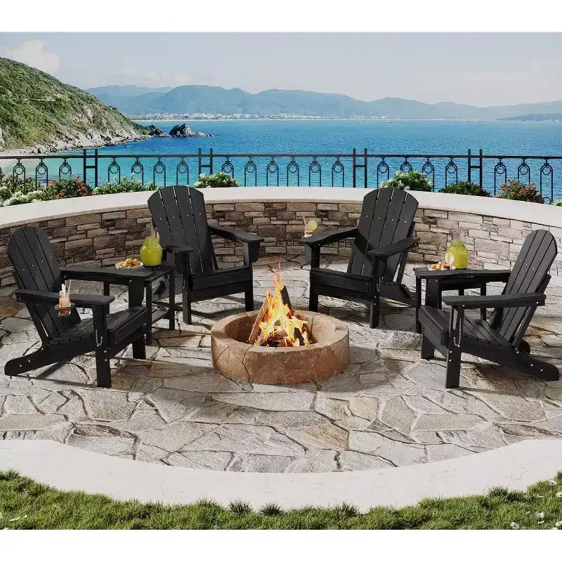 Folding Adirondack Chair Set of 4 with 2 Side Table, HDPE Outdoor Patio Chair with Cup Holder, Wooden Textured for patios, Decks, Gardens, fire Pit