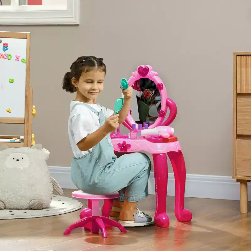 Kids Vanity Table Set with Light-Up Mirror Stool and 15 Accessories Pink