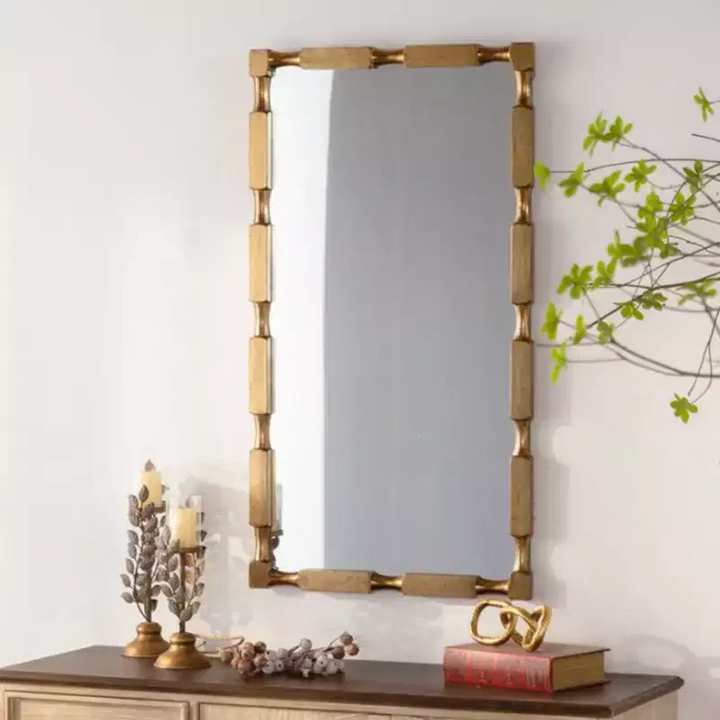 Gold Bamboo-Style Rectangular Wall Mirror with Textured Frame for Home Decor
