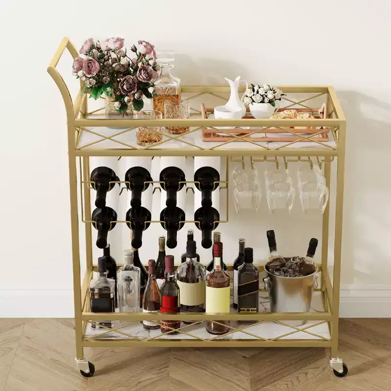 Bar Cart, 2-Tier Home Bar Serving Cart, Mobile Beverage Cart with Wine Racks, Glass Holders, Rolling Wine Cart for Kitchen, Dining Living Room, Gold
