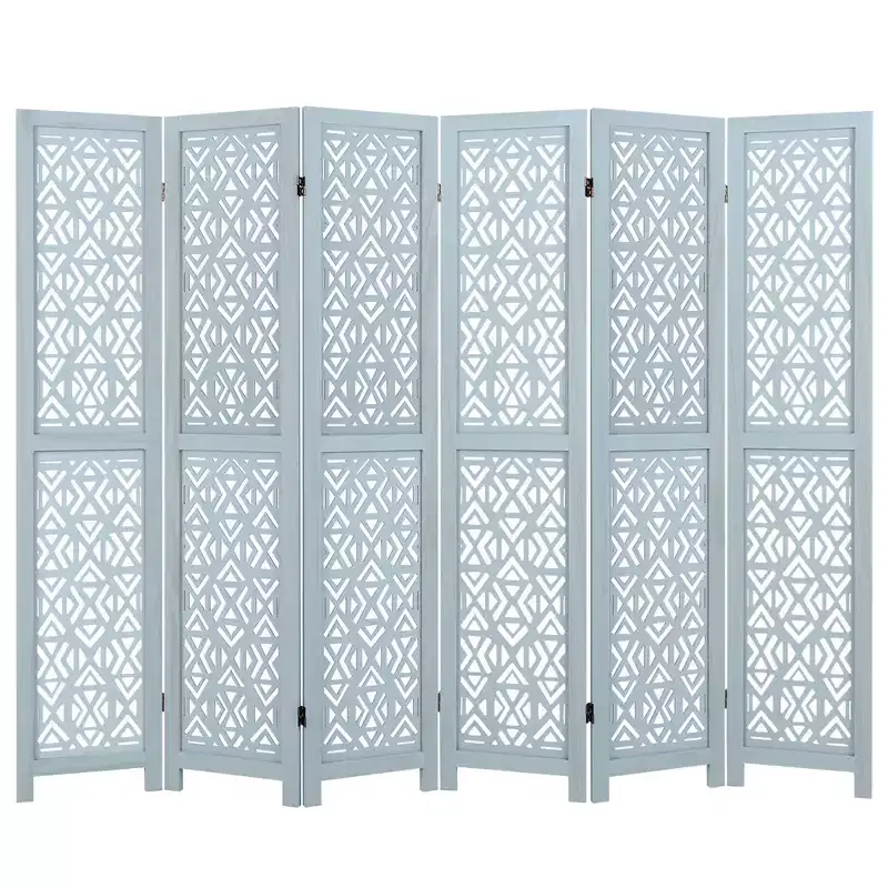 6-Panel Wooden Room Divider w/ Carved Cutout Pattern & Solid Wood Frame