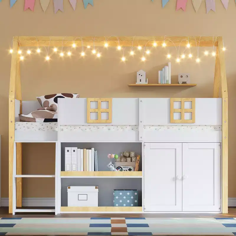 Twin/Full Size Low Loft Bed with Step Staircase and Storage Shelves, Playhouse Wooden Low Loft Bed Frame with Cabinets and LED lights