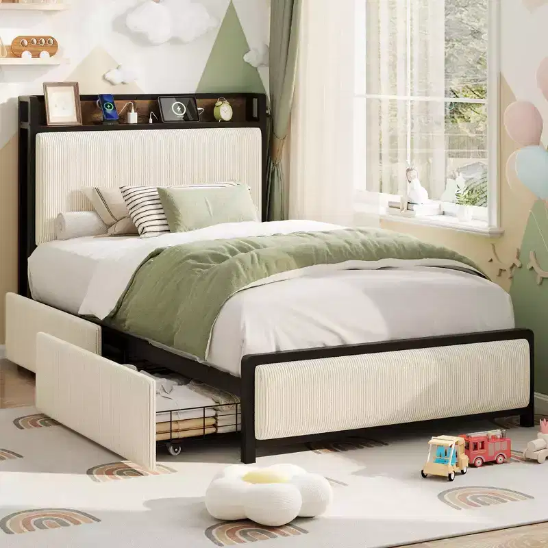 Twin Size Bed Frame with 2 Storage Drawers and Headboard, Rustic Linen Upholstered Platform Bedframe, No Box Spring Needed, Easy Assembly, Noise Free