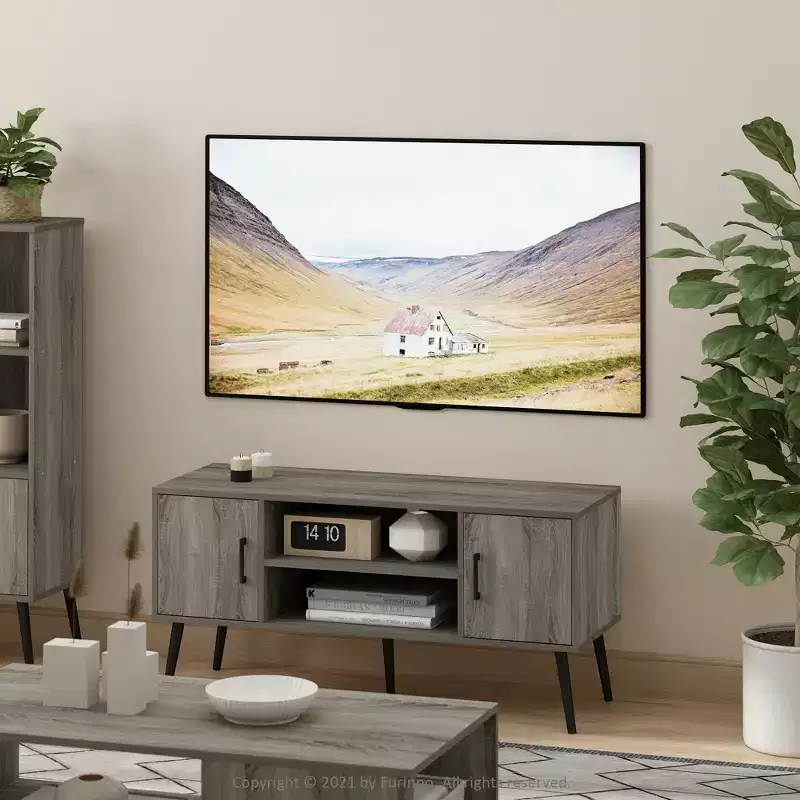 Mid-Century TV Stand with 2 Cabinets & Open Storage Shelves for TVs up to 50