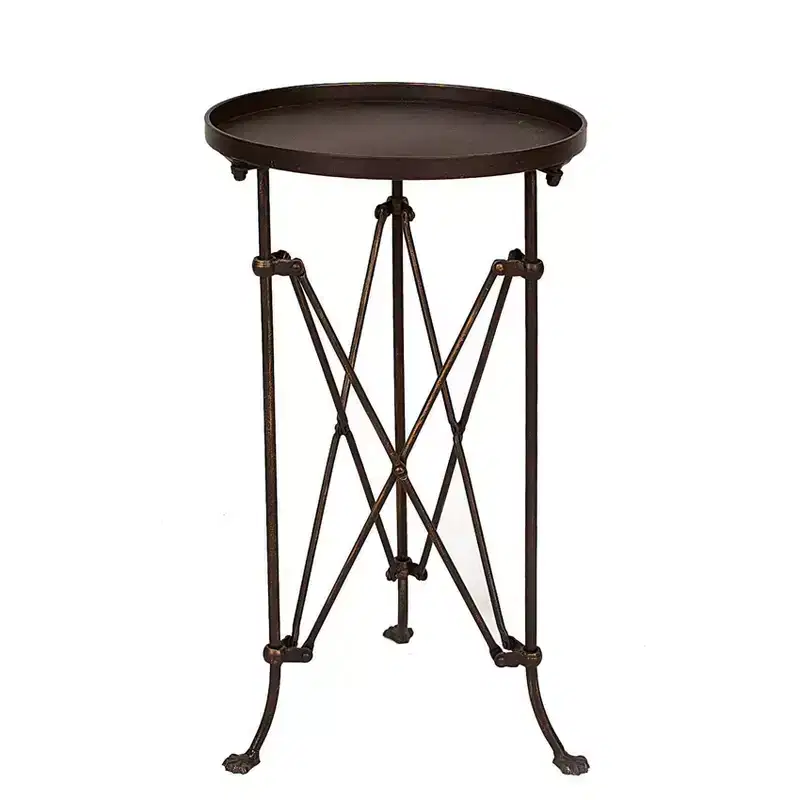 Storied Home Metal Tray Table Bronze: Round Pine Top, 25.5" High, Assembly Required