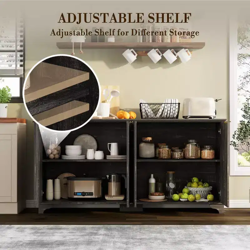 Sideboard, Buffet Cabinet - Sunvasagoo with 4 Fluted Doors, Adjustable Shelves, Farmhouse Storage for Kitchen, Living Room, Coffee Bar