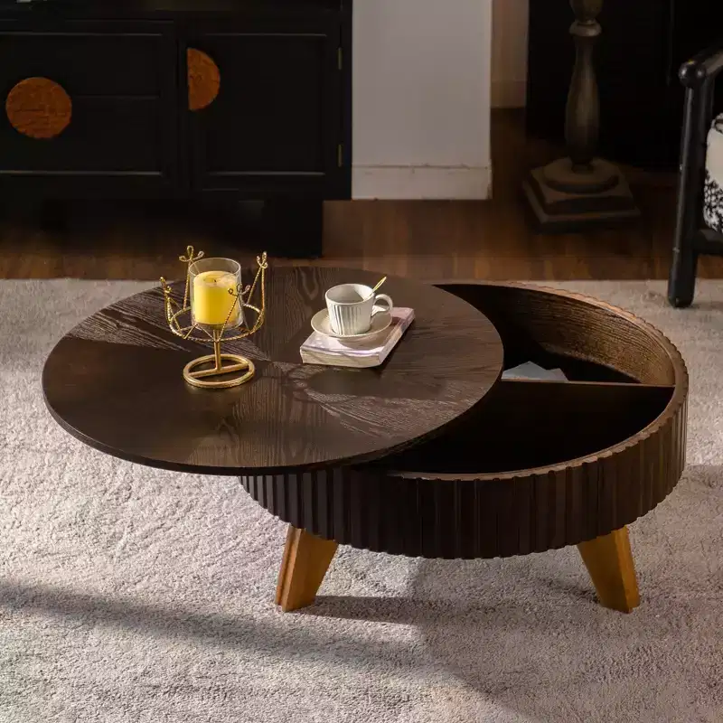 ModernLuxe Retro Round Coffee Table with Hidden Storage, Mid-Century Wood Center Table Accent Table for Living Room