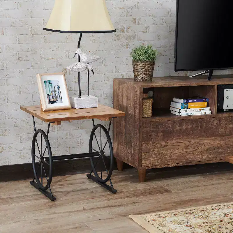 miBasics Bracken End Table Oak/Brown: Farmhouse Style, Industrial Design, Metal Frame, Wood Top, Storage Shelf