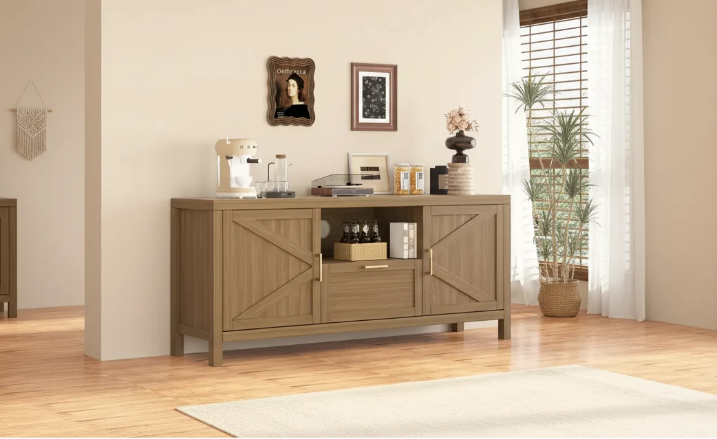 Farmhouse TV Stand for 65'' TV, 59 Inch Entertainment Center with Storage, Modern Large Wooden Media Console with 2 Door Cabinets, Adjustable Shelves