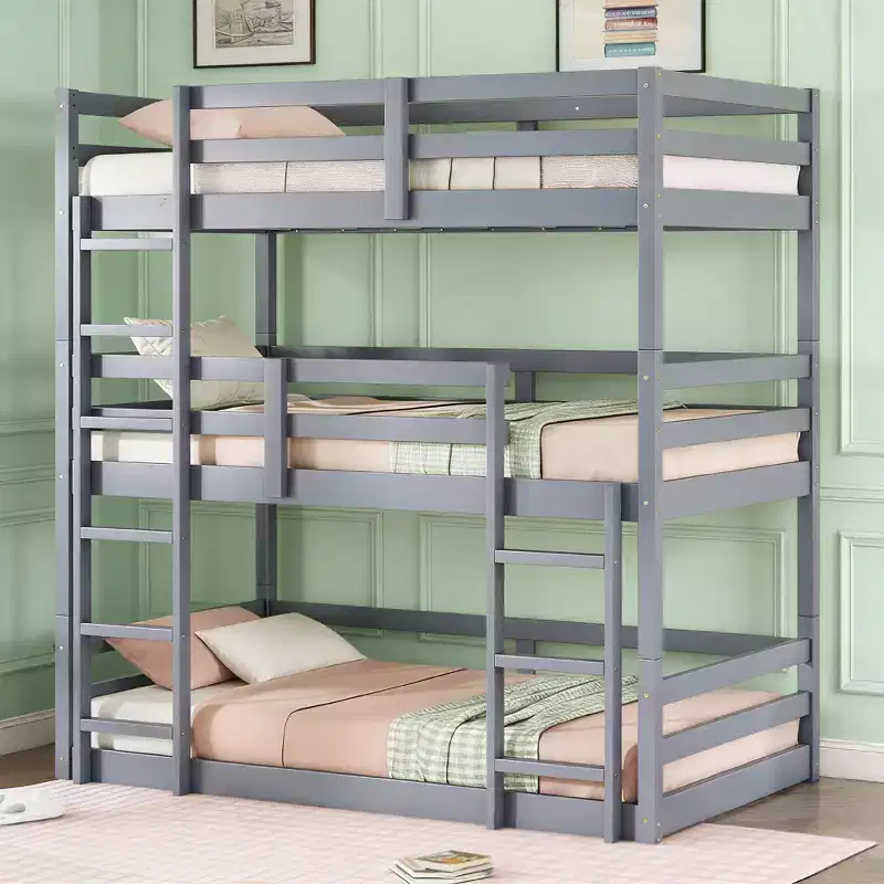 Twin Triple Wood Bunk Bed with 2 Built-in Ladders, Detachable into 3 Twin Size Beds