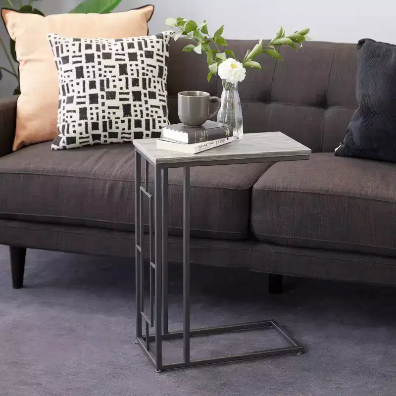 Contemporary Iron and Wood Accent Table Light Gray: Sofa Side, 26-Inch High C-Table
