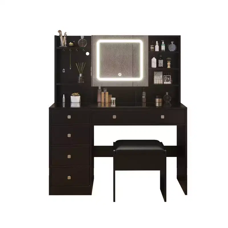 White Linen Particle Board with Triamine Tempered Glass Table Top Vanity Table Set