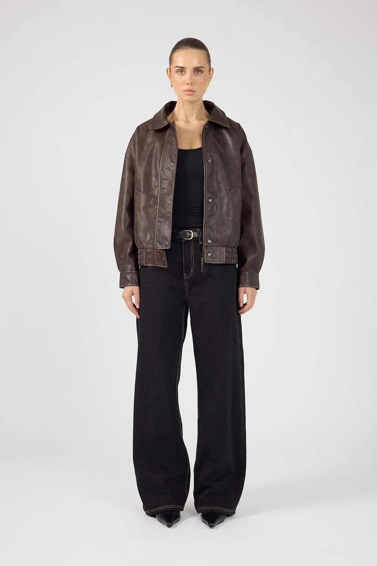 Washed Faux Leather Bomber Brown