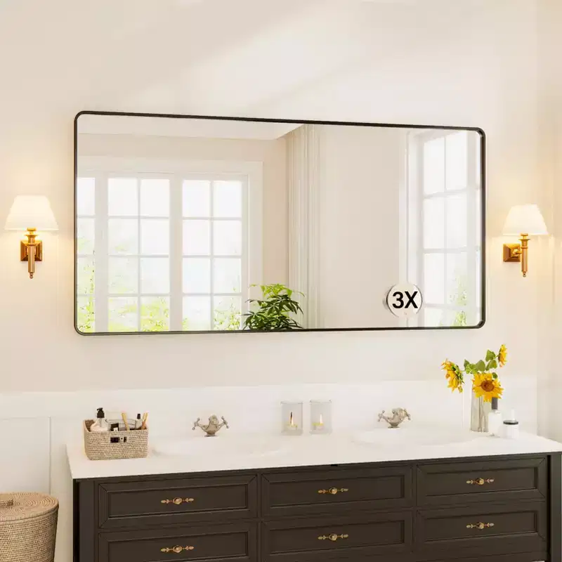 72x36 Black Metal Framed Bathroom Mirror with 3x Magnifying Glass, Horizontal/Vertical