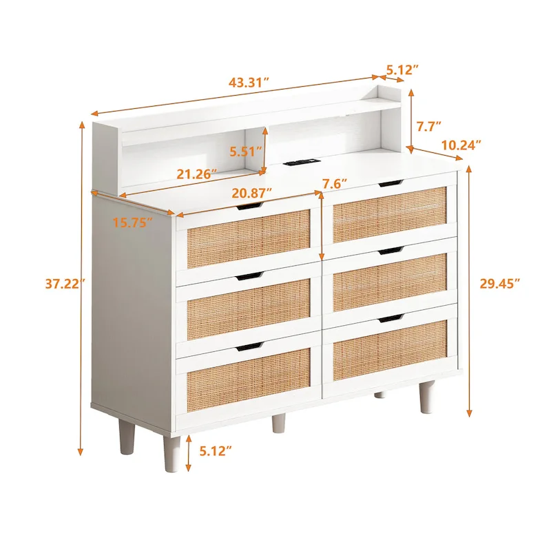 6-Drawers Rattan Accent Cabinet with LED Lights and Power Outlet, White