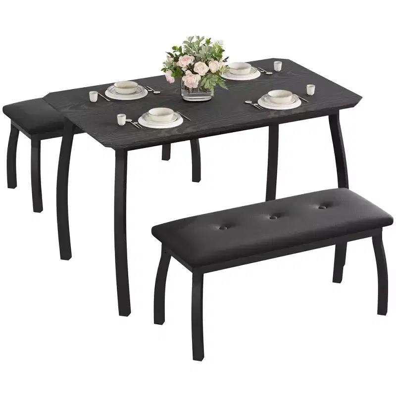 Bench-Style Dining Table with 2 Benches, 4-6 Person Dining Table and Chairs, Suitable for Kitchens, Apartments, and Studios