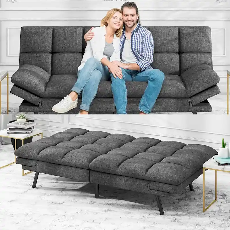 Futon Sofa Bed, Modern Convertible Sleeper Couch with Adjustable Armrests for Studio, Office, Apartment, Compact Living Room