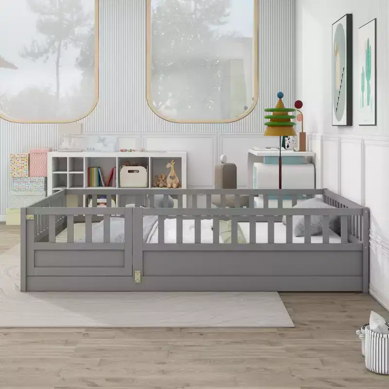 Okak Full Floor Bed Frame with Extra-Tall Safety Rails, Wood Bed Frame with Convenient Entry Door for Bedroom, Gray