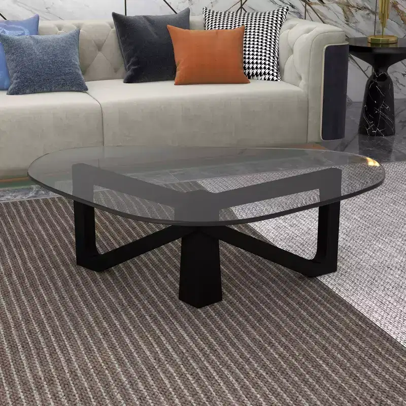 Collection Triangular Glass Top Coffee Table with Glossy Ash Wood Base for Home, Living Room, Office