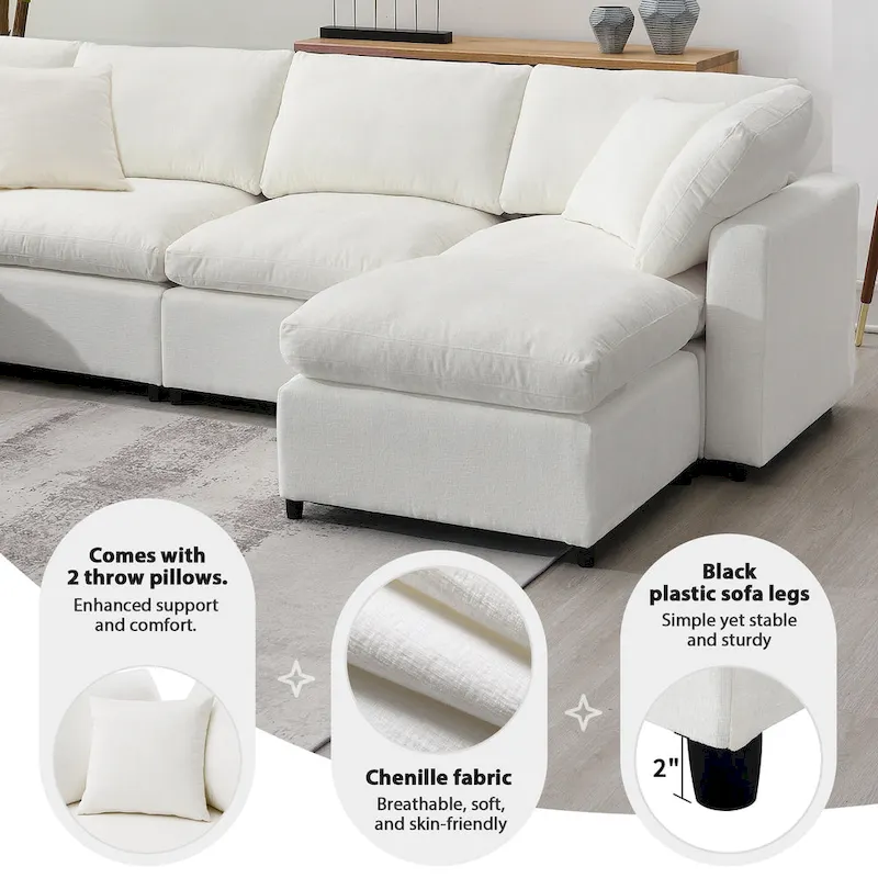 Beige 130 Chenille Cloud U-Shaped Sleeper Sectional Sofa, 6-Piece Modular Design