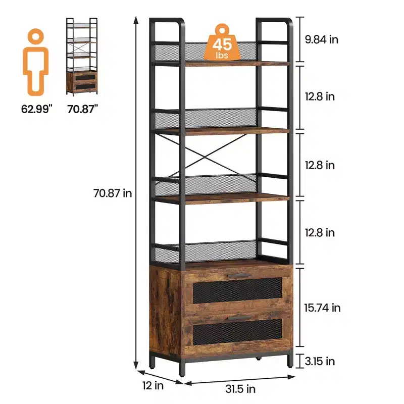 Industrial Bookshelf with Drawers, 4-Tier Rustic Bookcase, 70.87 Tall Display Storage Rack for Bedroom, Living Room, Home Office, Brown