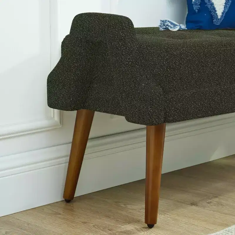 Modern Living Room Bench Looped Yarn Fabric with Soft Cunshion Irregular Geometric Armrests Rubber Wooden Legs Green