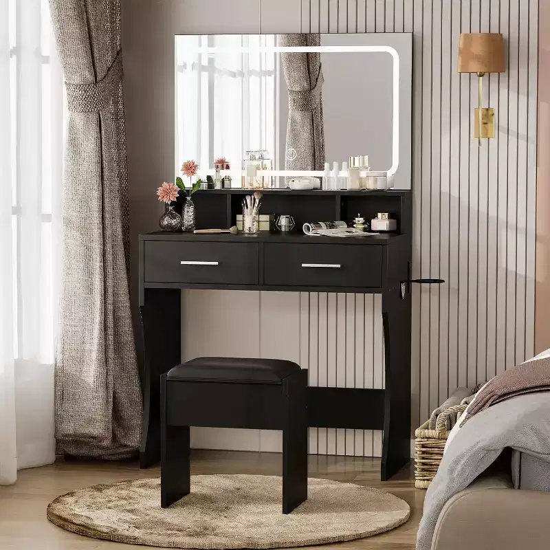 Makeup Vanity Desk with Mirror and Lights, Girls Vanity Table with Drawers, Open Shelves & Cushioned Stool, Wooden Dressing Table for Bedroom