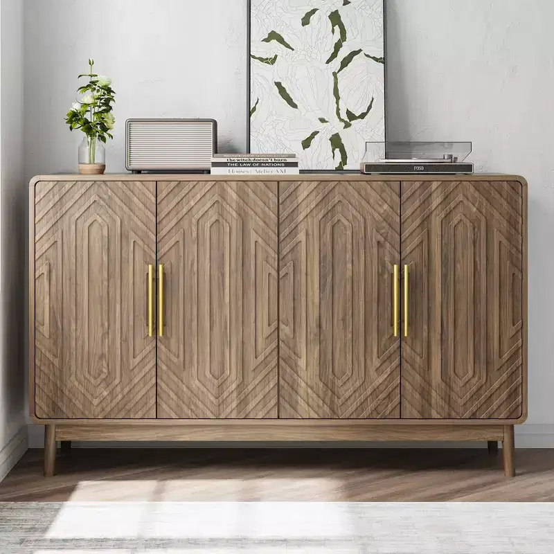 Sideboard Buffet Cabinet with Carved 4 Door Adjustable Layer Board for Living Room Kitchen Dining Room Walnut