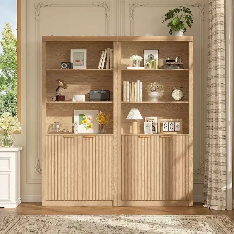 2 Set Tall Book Shelf and Bookcase, Wooden Bookcase with Doors, 5-Shelf Bookcases with Adjustable top Shelve for Home Office, Living Room